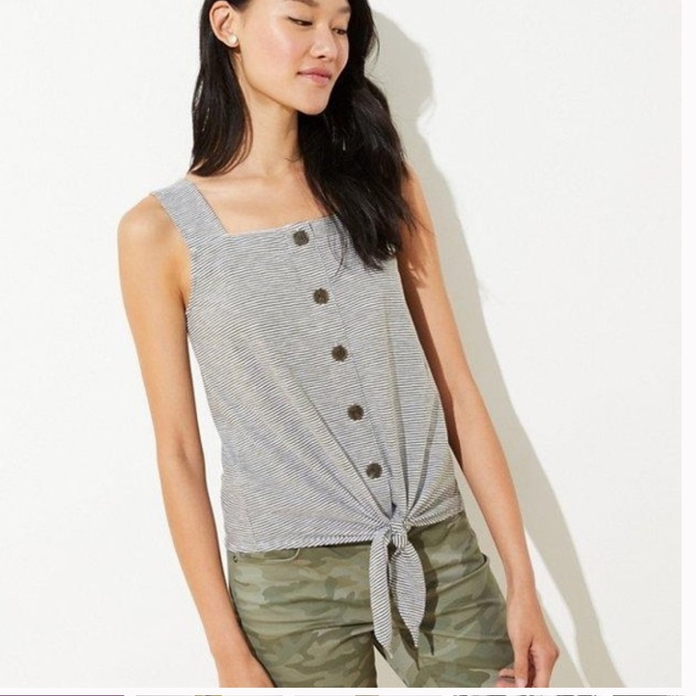 LOFT striped front tie tank, olive green and white, XS petite